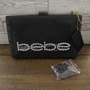 bebe Zaza Black Crystal Clutch Evening Bag NWT Rhinestone Logo Sparkly